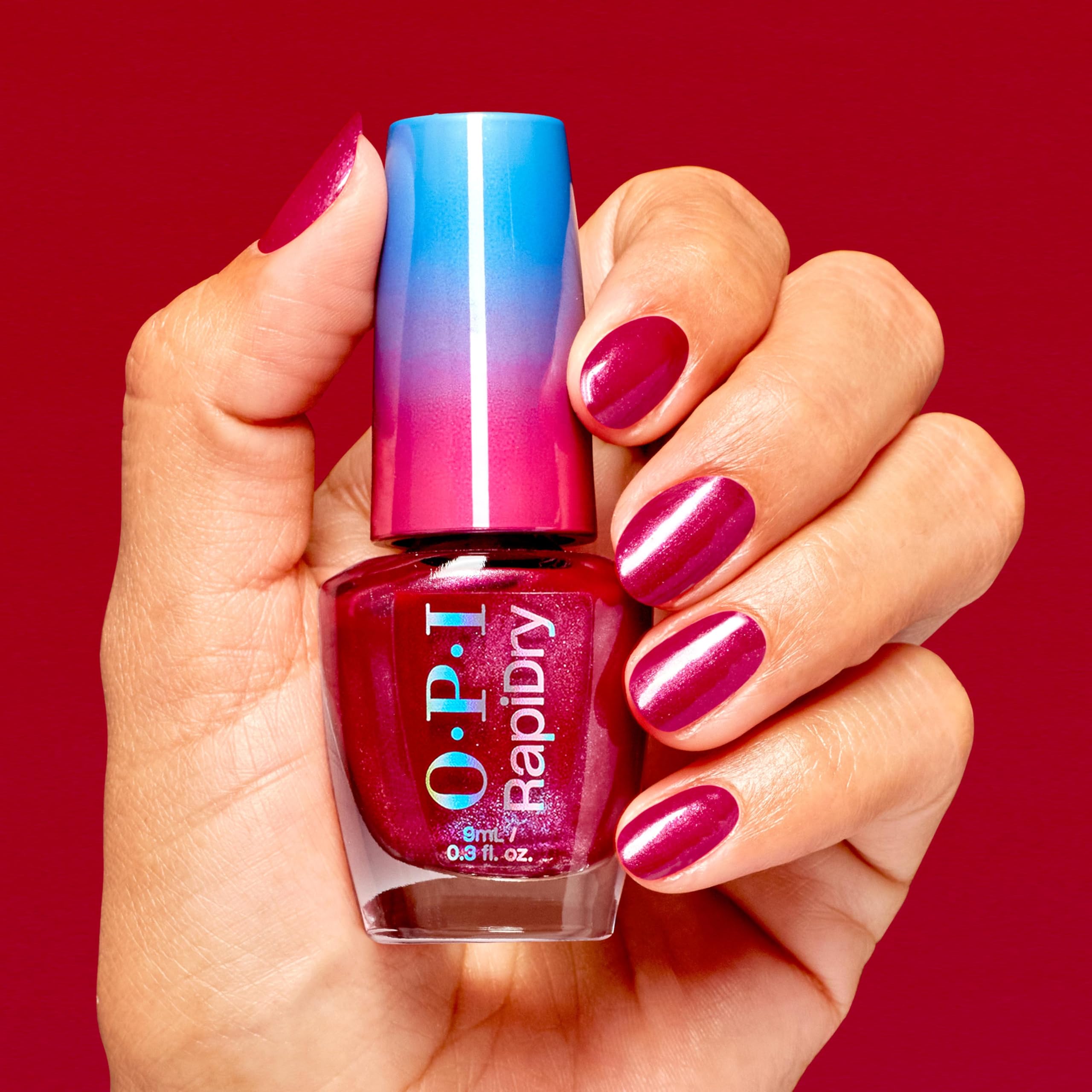 OPI RapiDryTM Quick-Dry Lacquer - Ring the Alarm Red Shimmer Nail Polish - Vegan, Fast Drying & Smudge-proof in 60 Seconds (9ml)