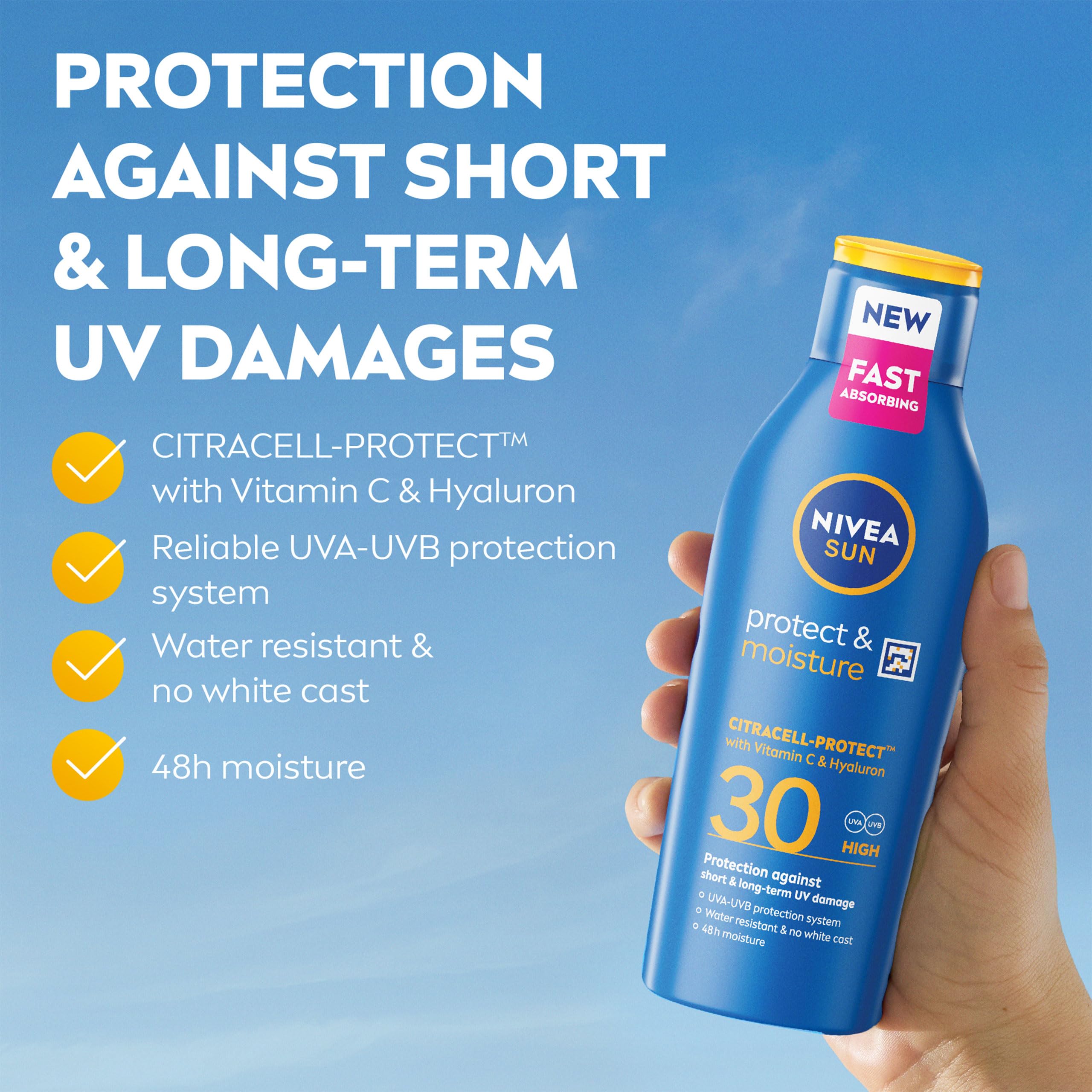 NIVEA SUN Protect & Moisture Sun Cream Lotion SPF 30 400ml - UVA/UVB Protection, Water-Resistant, No White Cast - Like New