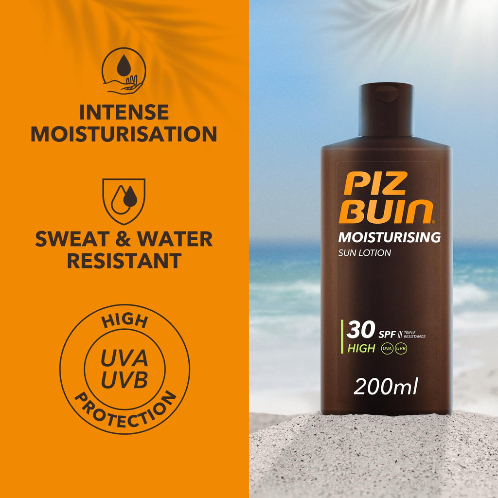 Piz Buin Moisturising Sun Lotion SPF 30 200ml — UVA/UVB Protection Sunscreen with Glycerin & Feverfew