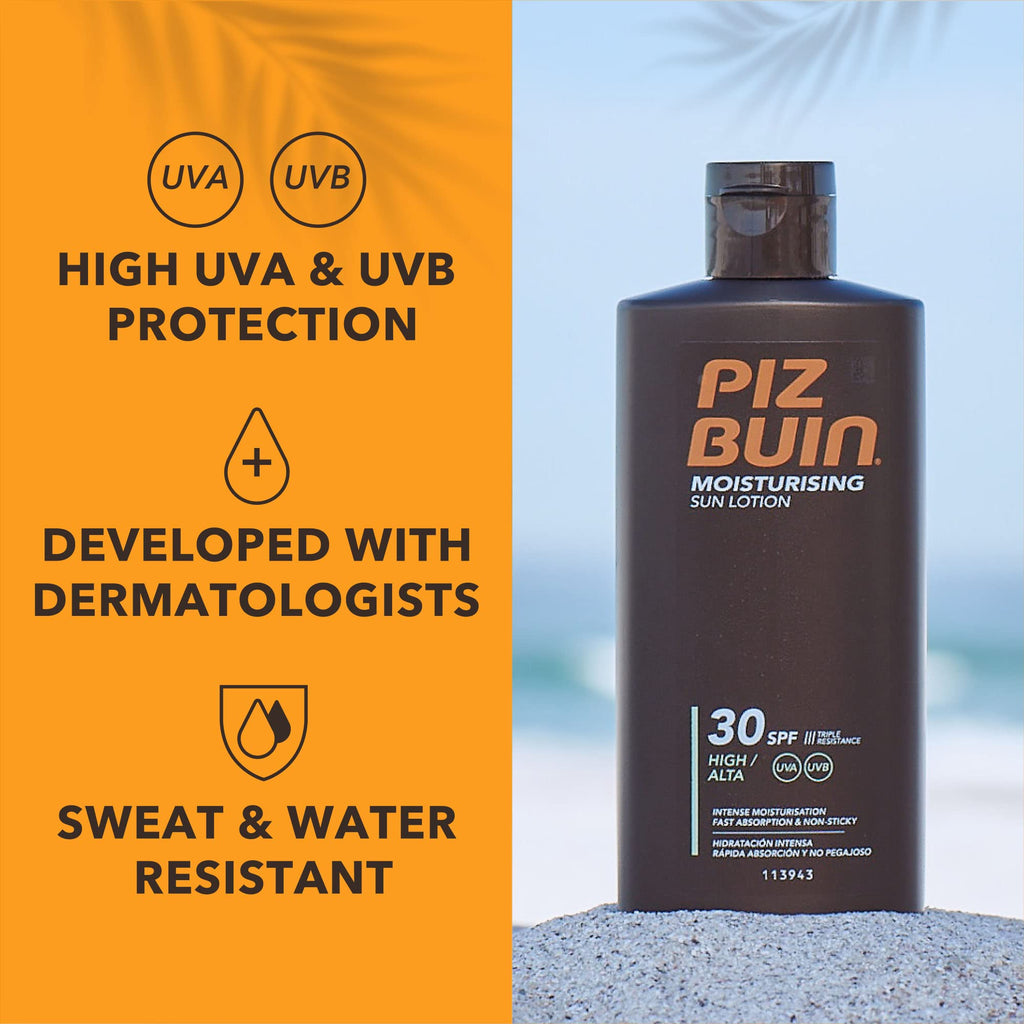 Piz Buin Moisturising Sun Lotion SPF 30 200ml — UVA/UVB Protection Sunscreen with Glycerin & Feverfew
