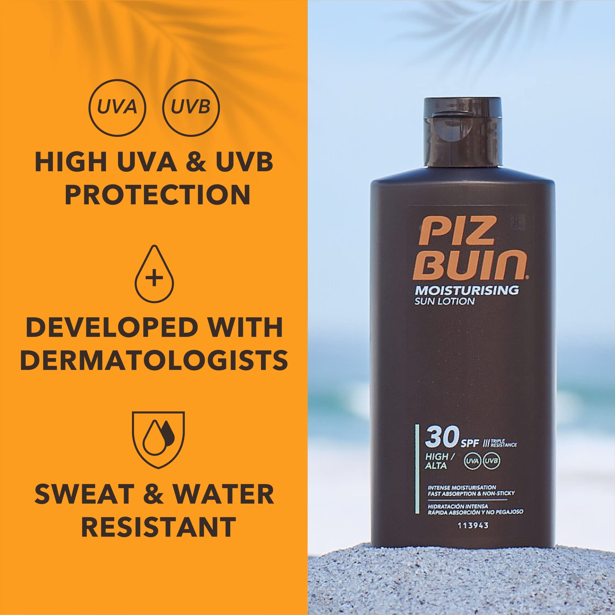 Piz Buin Moisturising Sun Lotion SPF 30 200ml — UVA/UVB Protection Sunscreen with Glycerin & Feverfew