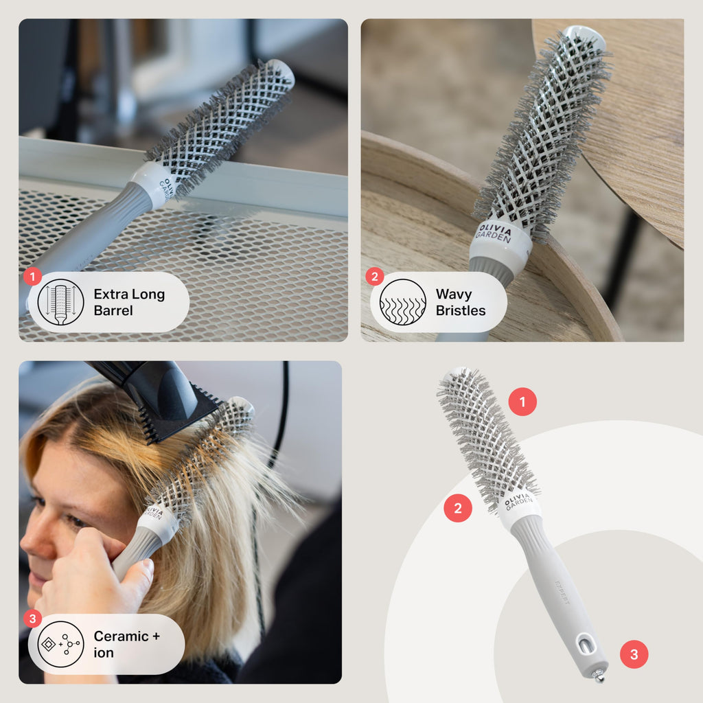 Olivia Garden Expert Blowout Speed - White & Grey - 25 - Ceramic Coated Round Brush with Extra Long Barrel for 25% Faster Blowouts