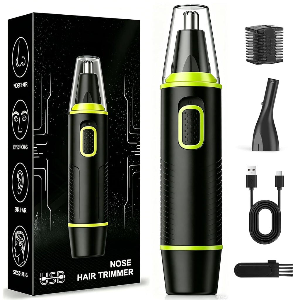 Nose Hair Trimmer Rechargeable for Men, Painless Nasal Ear Eyebrow Facial Hair Trimmer, IPX7 Waterproof, Dual Edge Blades, Green - Damaged Box