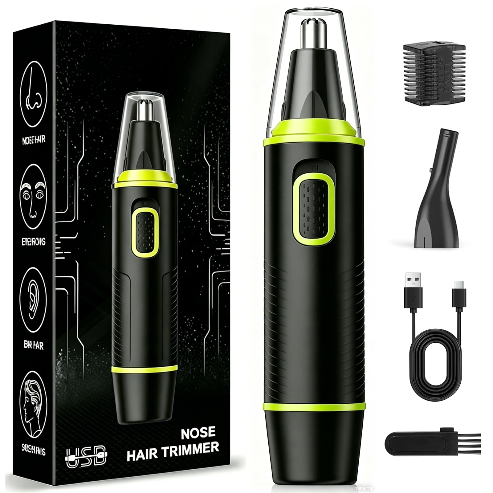Nose Hair Trimmer Rechargeable for Men, Painless Nasal Ear Eyebrow Facial Hair Trimmer, IPX7 Waterproof, Dual Edge Blades, Green - Damaged Box