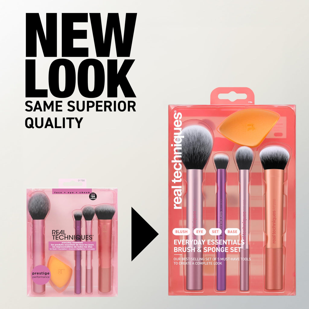 Real Techniques Everyday Essentials + Makeup Sponge Kit for foundation, blush, bronzer, eyeshadow, powder, synthetic, cruelty-free tools and blender for flawless looks, 5 Piece Set