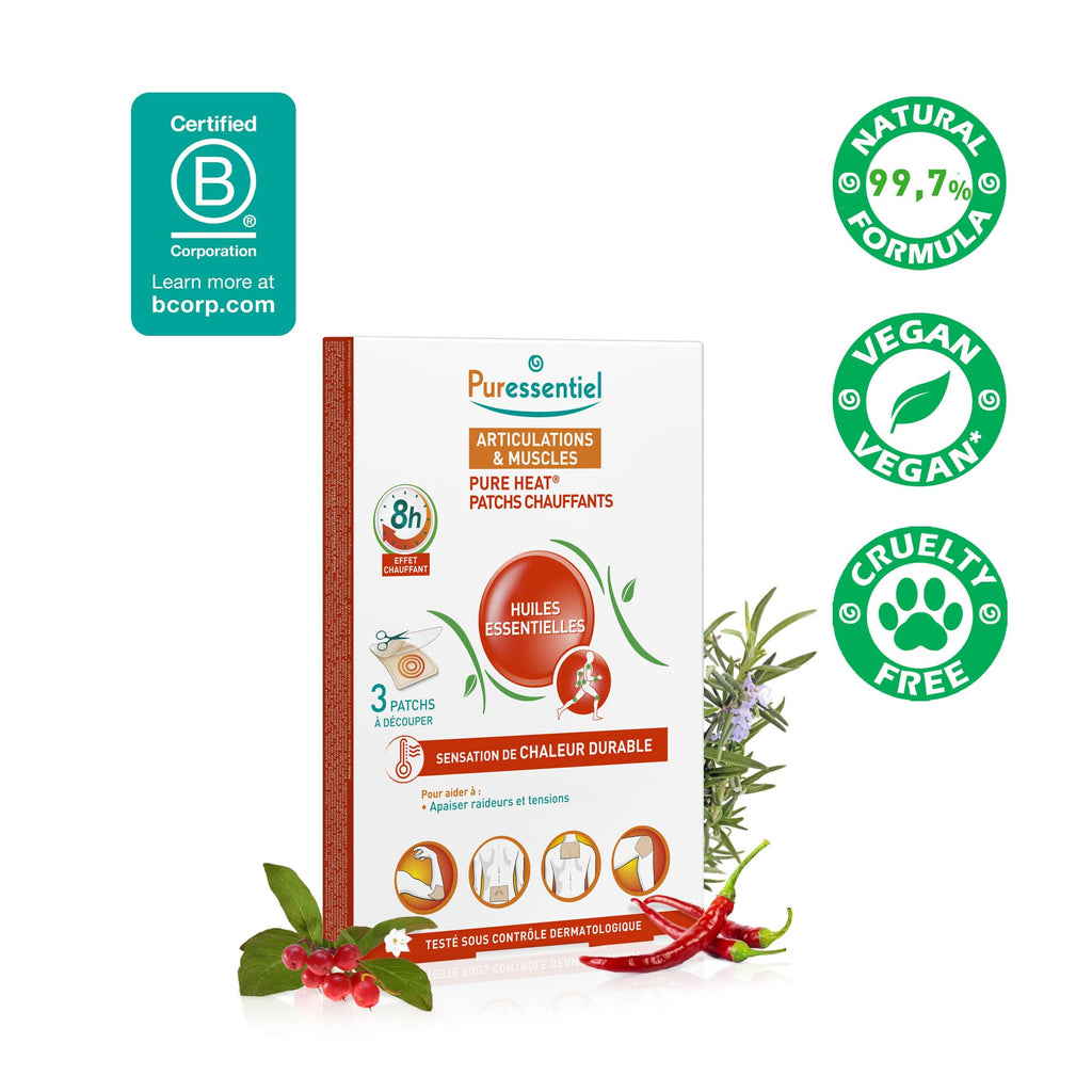 Puressentiel Muscles & Joints Heating Pat Patches, 3 Count, 14 Essential Oils, Capsicum, Soothing Warmth, 8-Hour Relief - Damaged Box