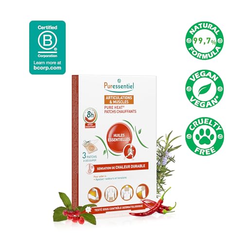 Puressentiel Muscles & Joints Heating Pat Patches, 3 Count, 14 Essential Oils, Capsicum, Soothing Warmth, 8-Hour Relief - Damaged Box