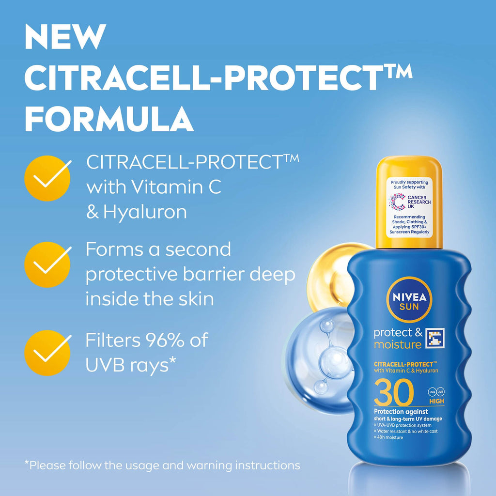 NIVEA SUN Protect & Moisture Sun Spray SPF 30 - 200ml Moisturising Suncream - UVA UVB Protection, No White Cast