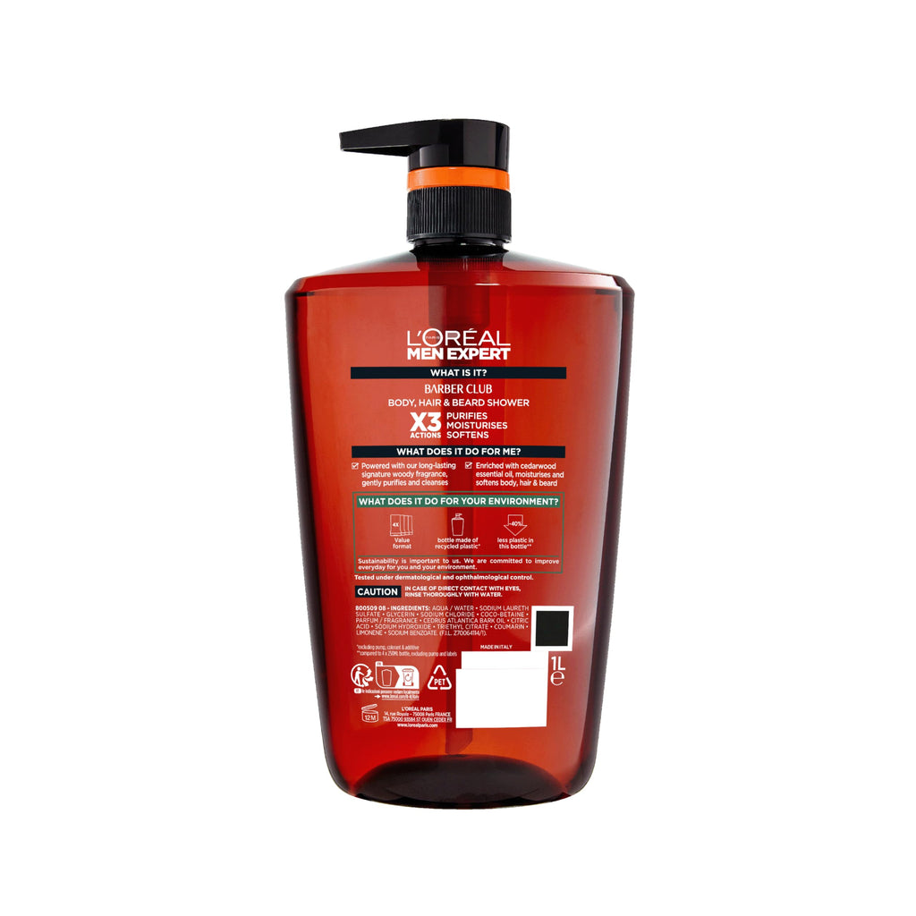 L'Oreal Men Expert Barber Club 3-in-1 Shower Gel 1L Pump - Cedarwood Oil Body, Hair & Beard Wash - Deep Cleanse