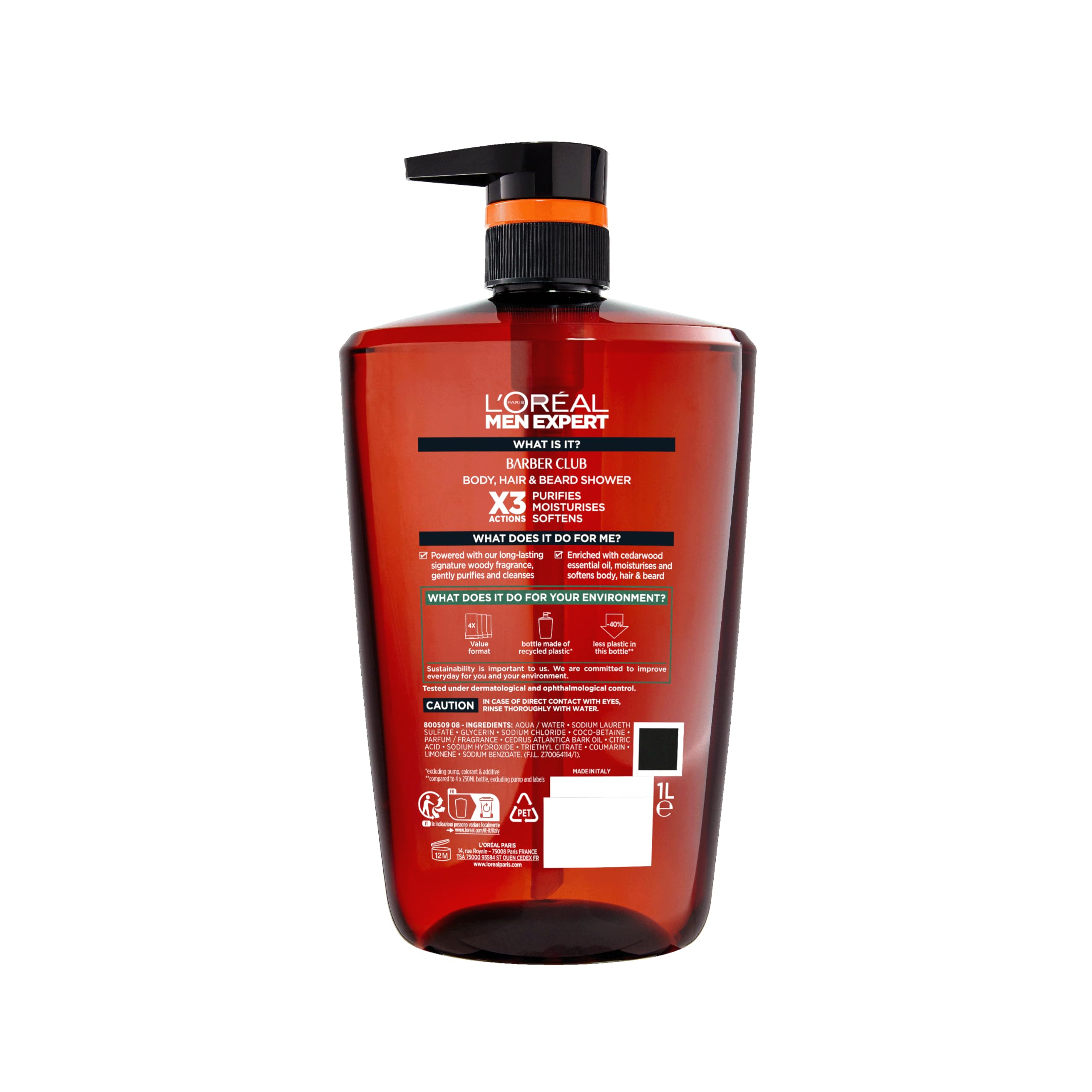L'Oreal Men Expert Barber Club 3-in-1 Shower Gel 1L Pump - Cedarwood Oil Body, Hair & Beard Wash - Deep Cleanse