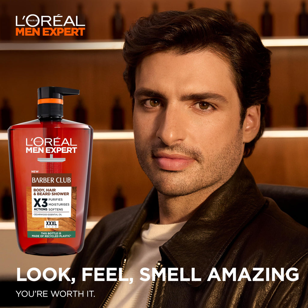 L'Oreal Men Expert Barber Club 3-in-1 Shower Gel 1L Pump - Cedarwood Oil Body, Hair & Beard Wash - Deep Cleanse