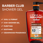 L'Oreal Men Expert Barber Club 3-in-1 Shower Gel 1L Pump - Cedarwood Oil Body, Hair & Beard Wash - Deep Cleanse