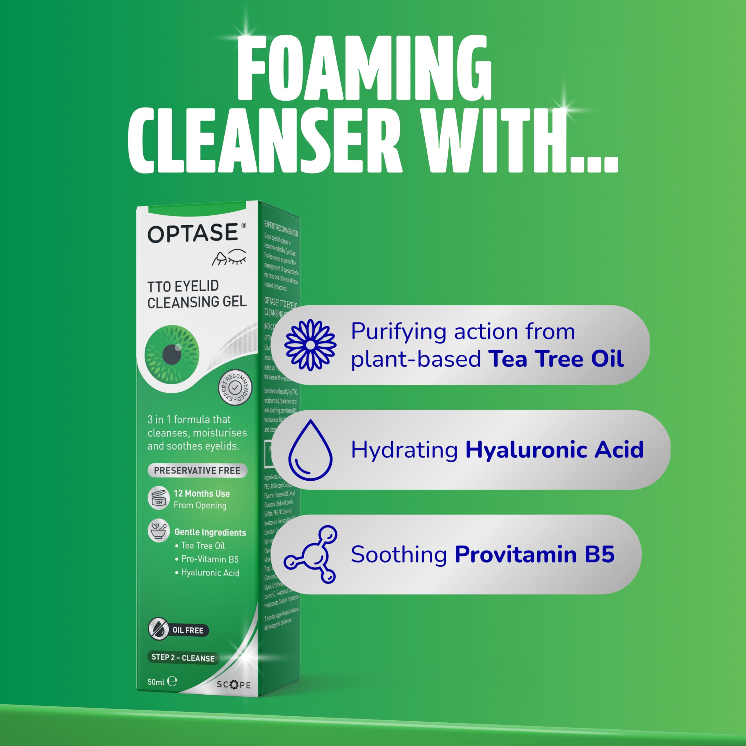 Optase TTO Eyelid Cleansing Gel - Tea Tree Oil Daily Eyelid Hygiene - 50ml 2 Month Supply - Damaged Box - BBE 02/2029