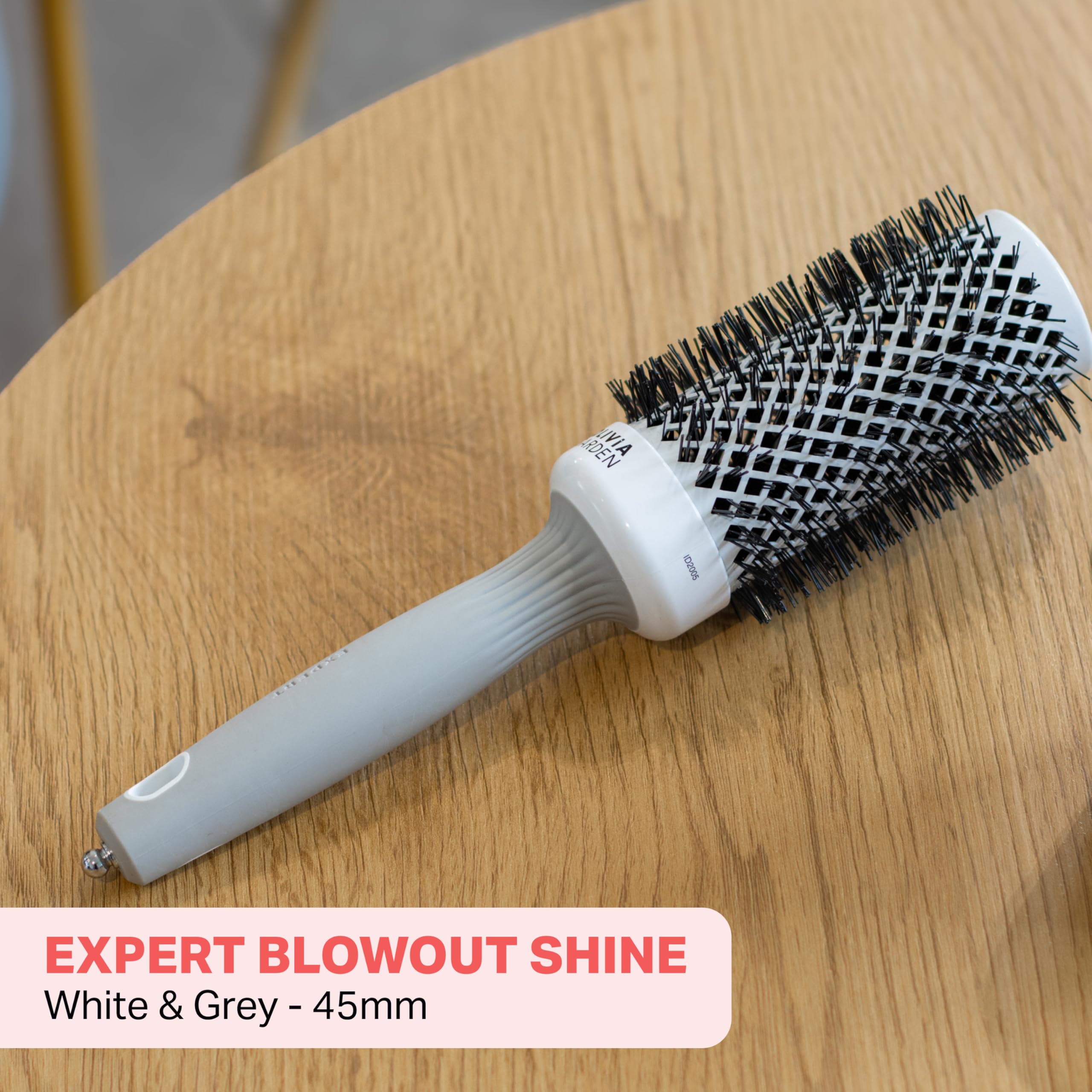 Olivia Garden Expert Blowout Shine - White & Grey - 45 - Ceramic Coated Round Brush for Smooth Blowout, Frizz-Free Hair & Radiant Shine