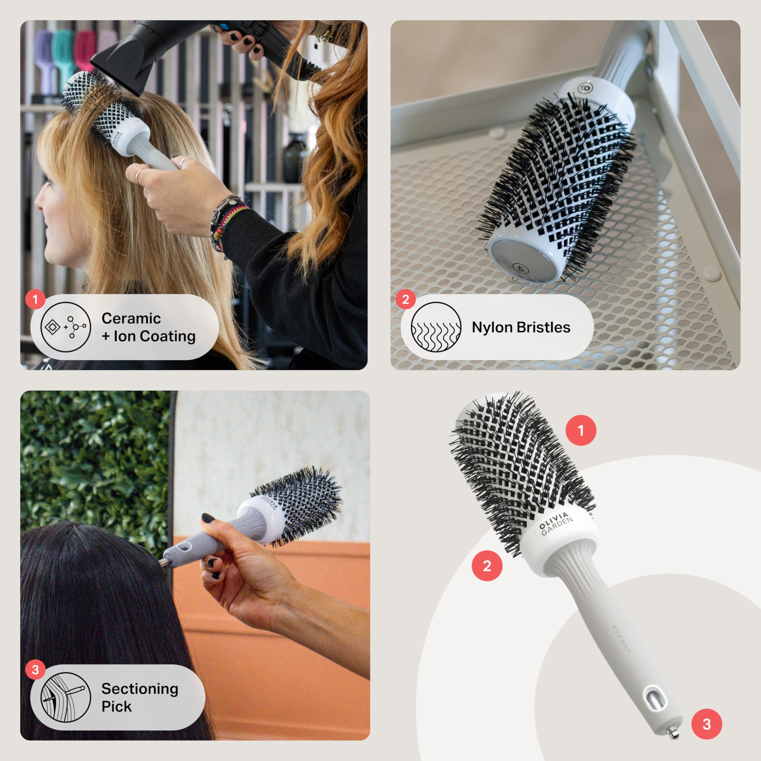 Olivia Garden Expert Blowout Shine - White & Grey - 45 - Ceramic Coated Round Brush for Smooth Blowout, Frizz-Free Hair & Radiant Shine