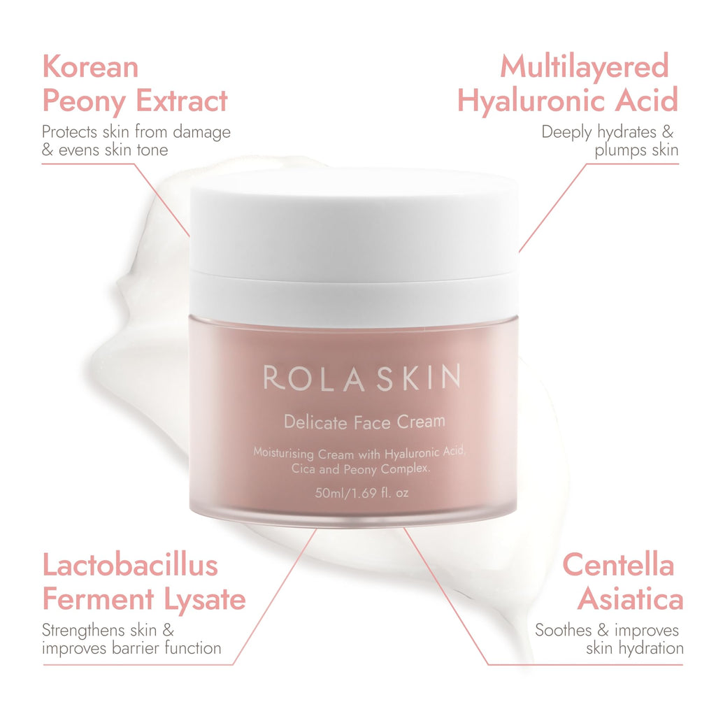 Rola Skin Delicate Face Cream 50ml - Hyaluronic Acid and Korean Peony Complex Lightweight Moisturiser - Fragrance Free Sensitive Skin Care - Damaged Box