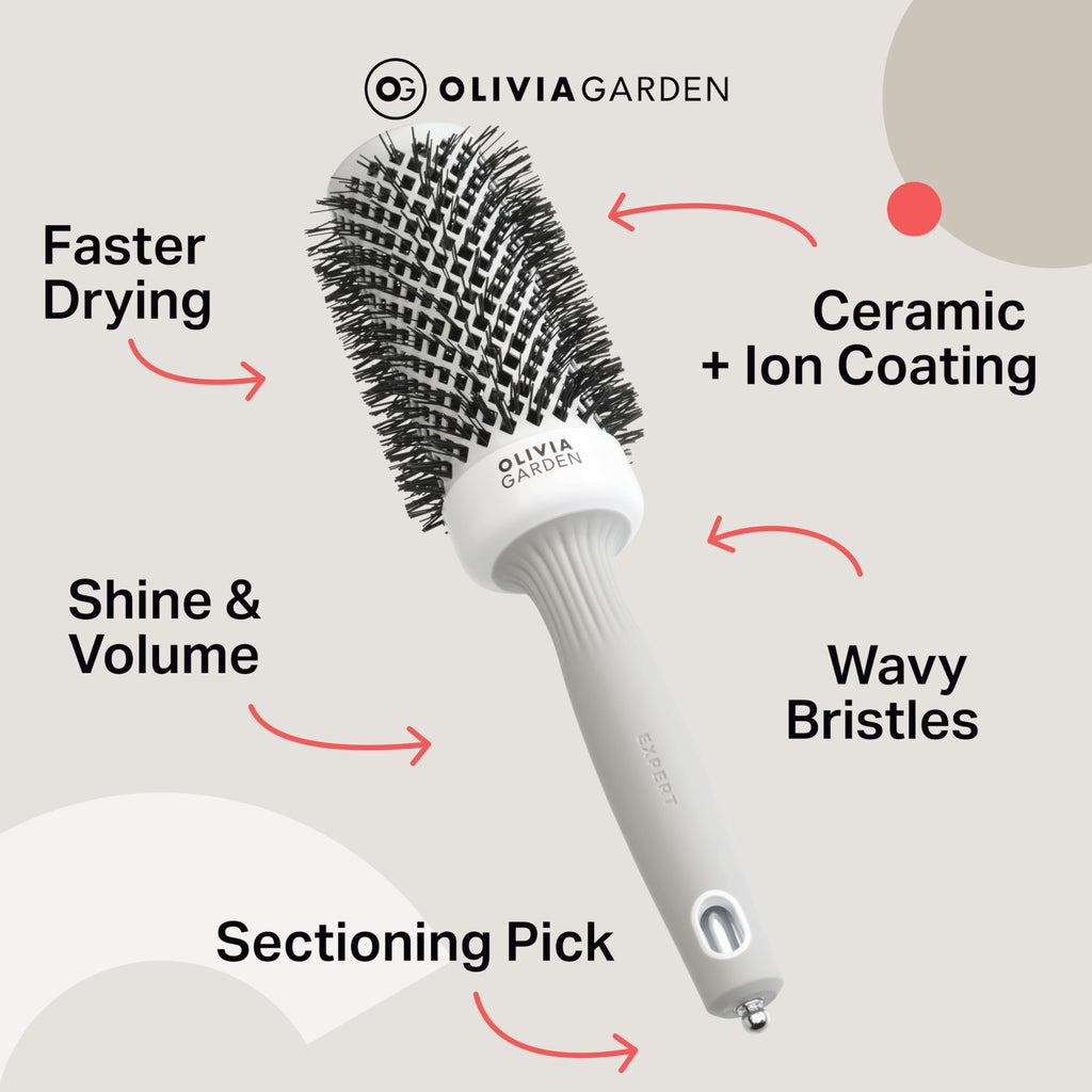 Olivia Garden Expert Blowout Shine - White & Grey - 45 - Ceramic Coated Round Brush for Smooth Blowout, Frizz-Free Hair & Radiant Shine