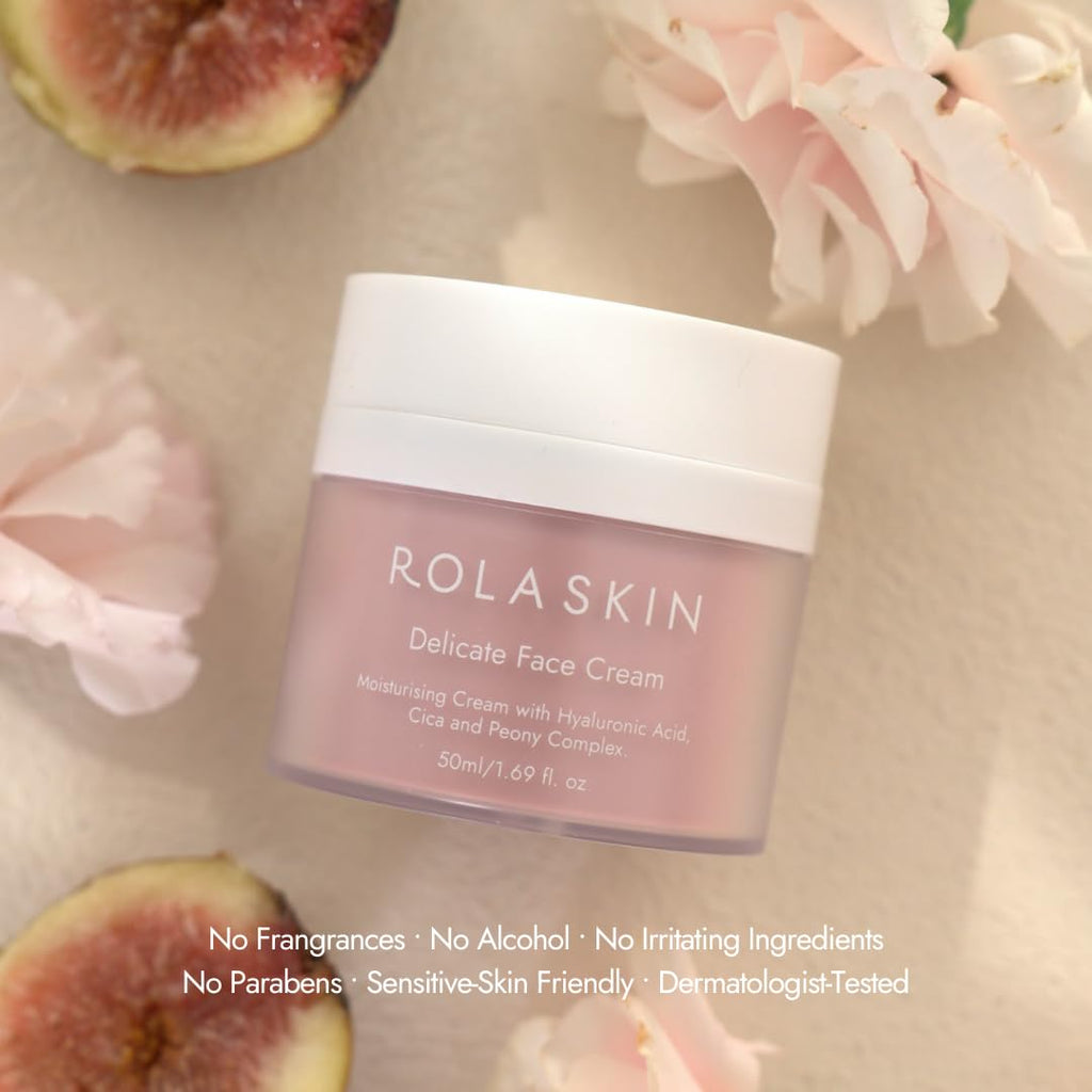 Rola Skin Delicate Face Cream 50ml - Hyaluronic Acid and Korean Peony Complex Lightweight Moisturiser - Fragrance Free Sensitive Skin Care - Damaged Box