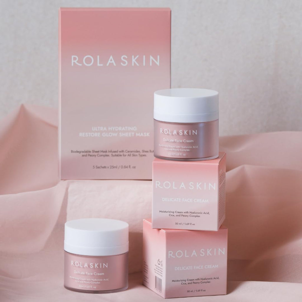 Rola Skin Delicate Face Cream 50ml - Hyaluronic Acid and Korean Peony Complex Lightweight Moisturiser - Fragrance Free Sensitive Skin Care - Damaged Box