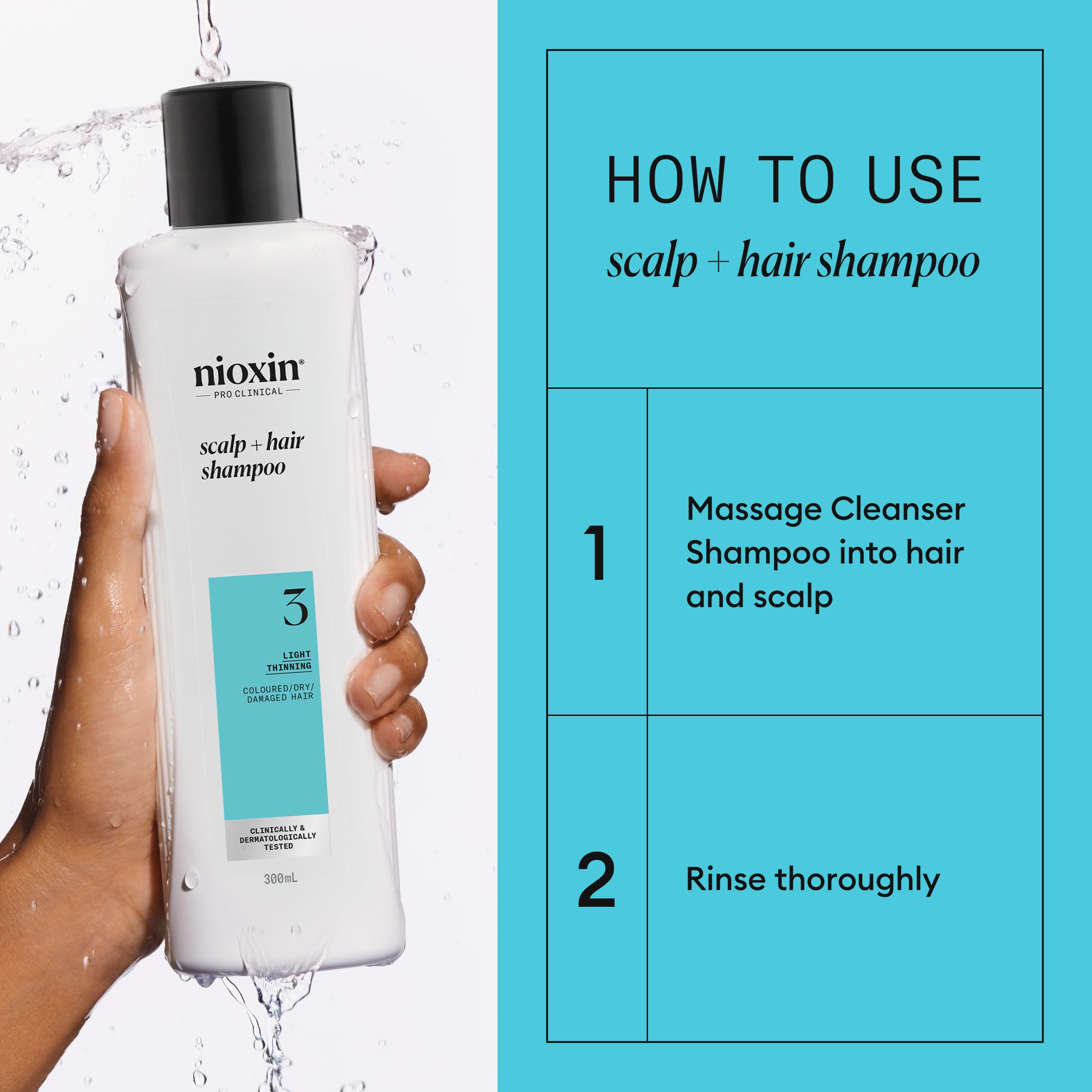 Nioxin System 3 Scalp + Hair Shampoo - Hair Thickening Shampoo For Coloured, Dry and Damaged Hair with Light Thinning - with Biotin and Niacinamide, 300ml