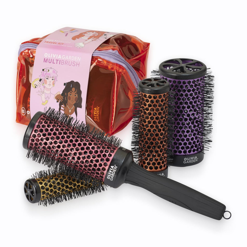 Olivia Garden Multibrush Travel Kit - 4-in-1 Round Brush Set with Interchangeable Barrels - Sizes 25, 35, 45, 55 - Perfect for Great Blowouts & On-the-Go Styling - Damaged Box