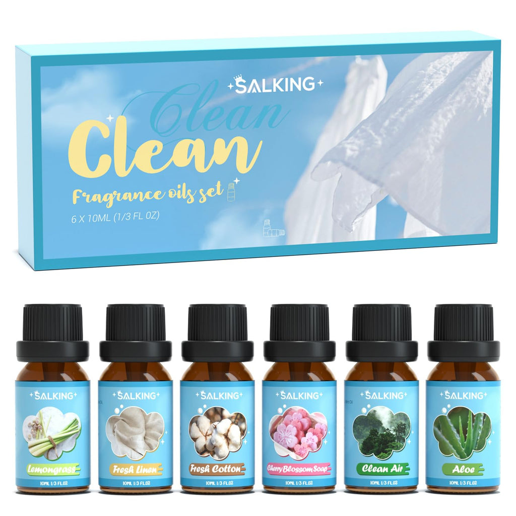 SALKING Clean Fragrance Oils Gift Set - Diffuser, Soap & Candle Making - Lemongrass, Cotton, Linen, Cherry Blossom, Clean Air, Aloe - Damaged Box - BBE 03/2029