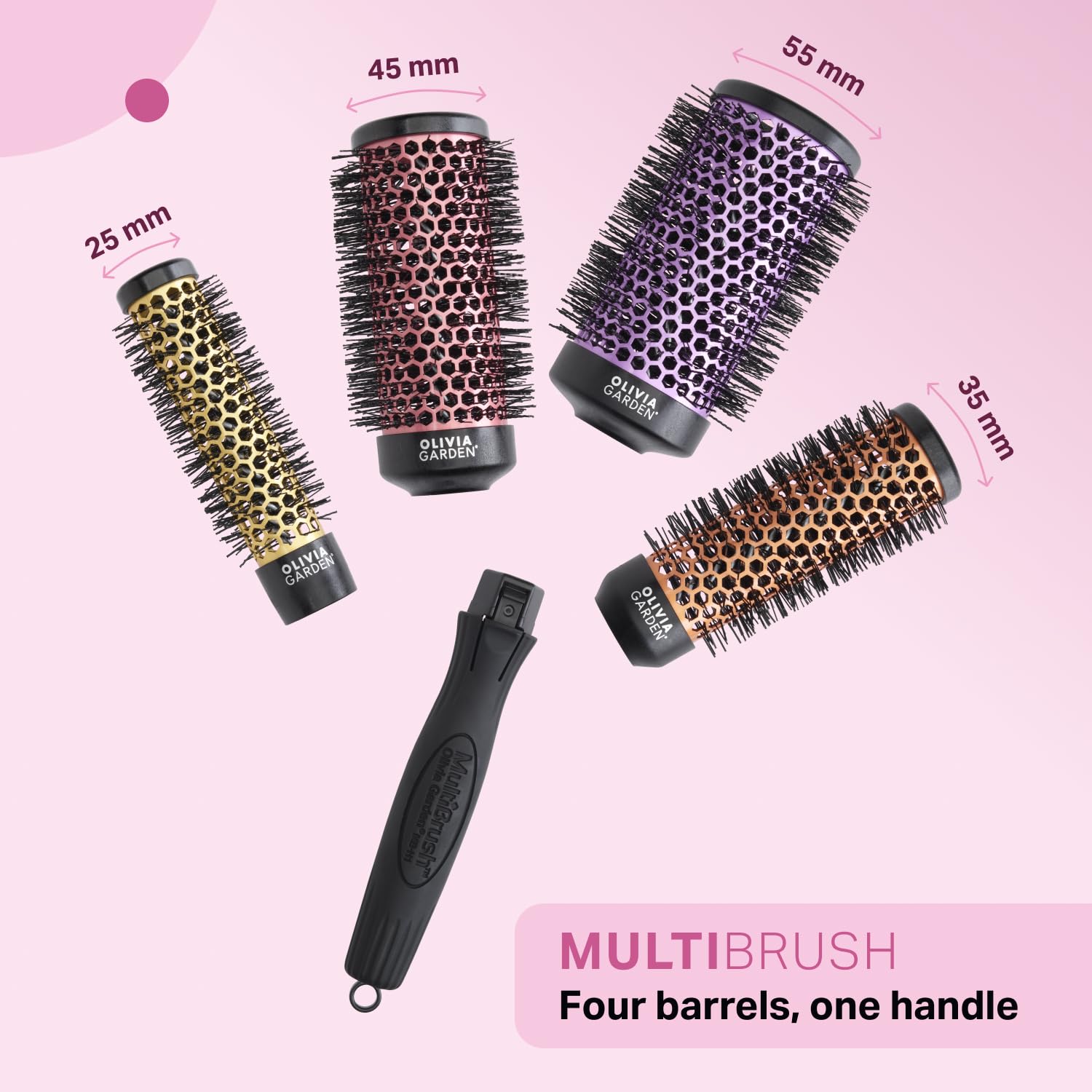 Olivia Garden Multibrush Travel Kit - 4-in-1 Round Brush Set with Interchangeable Barrels - Sizes 25, 35, 45, 55 - Perfect for Great Blowouts & On-the-Go Styling - Damaged Box