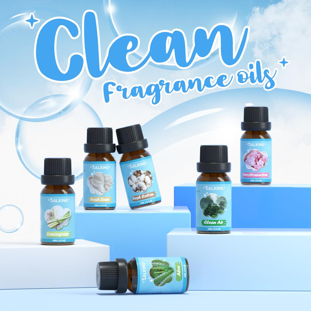 SALKING Clean Fragrance Oils Gift Set - Diffuser, Soap & Candle Making - Lemongrass, Cotton, Linen, Cherry Blossom, Clean Air, Aloe - Damaged Box - BBE 03/2029