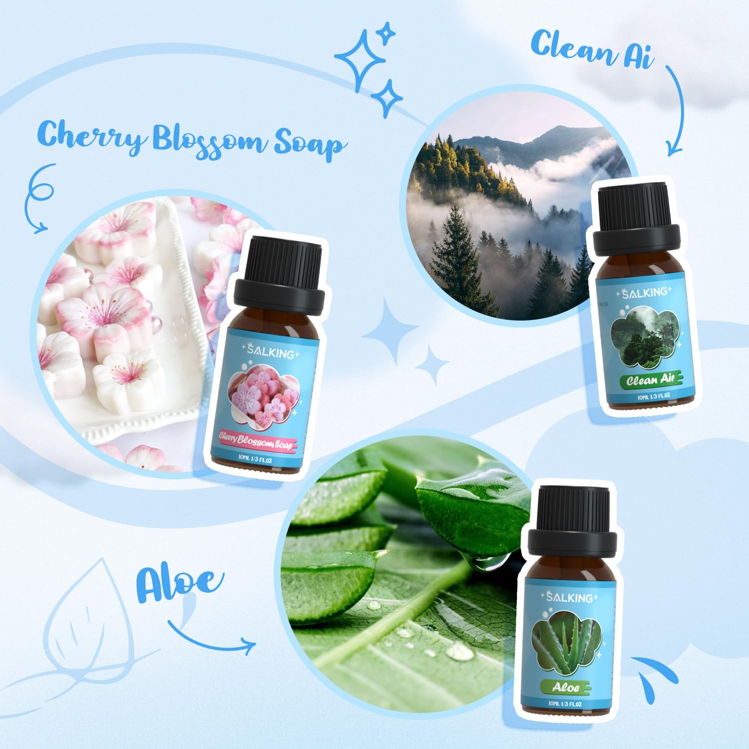 SALKING Clean Fragrance Oils Gift Set - Diffuser, Soap & Candle Making - Lemongrass, Cotton, Linen, Cherry Blossom, Clean Air, Aloe - Damaged Box - BBE 03/2029