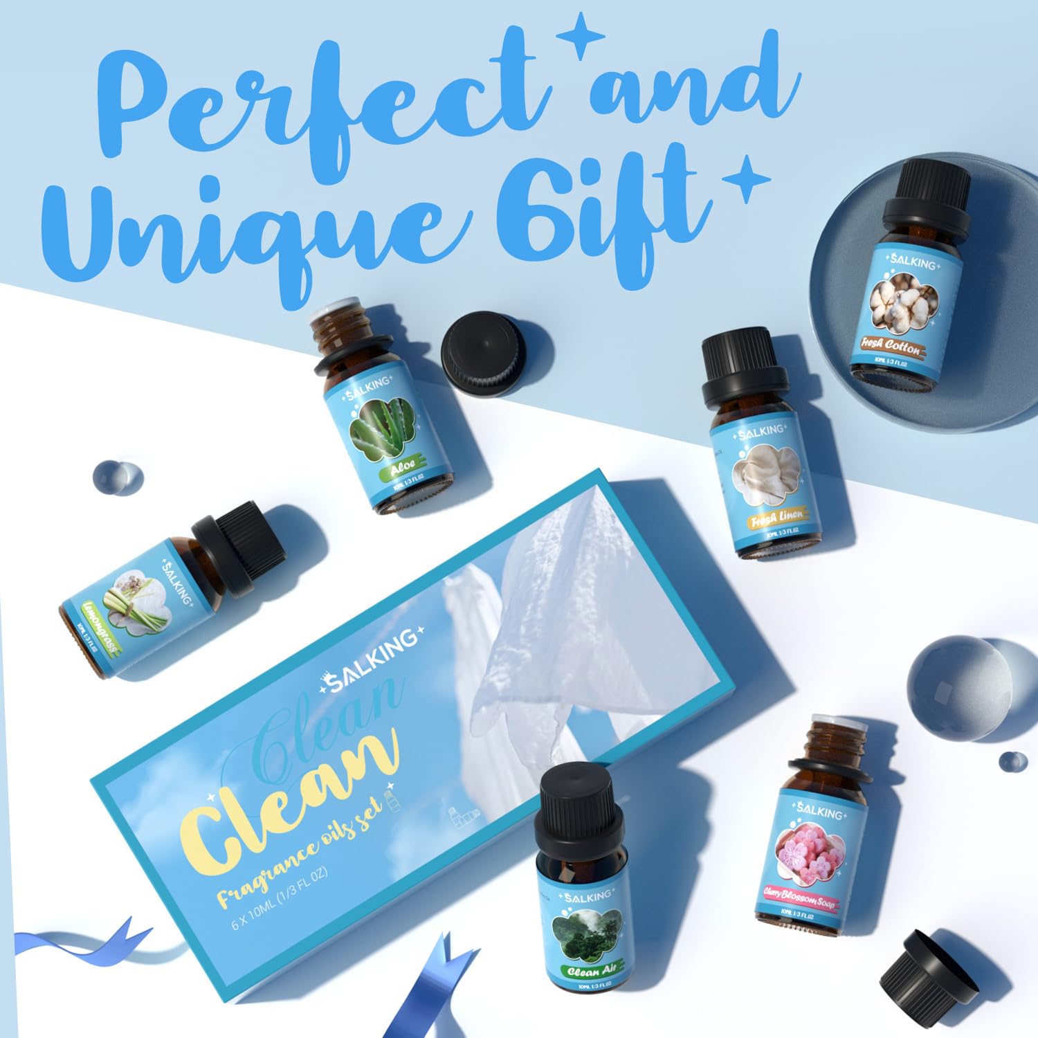 SALKING Clean Fragrance Oils Gift Set - Diffuser, Soap & Candle Making - Lemongrass, Cotton, Linen, Cherry Blossom, Clean Air, Aloe - Damaged Box - BBE 03/2029