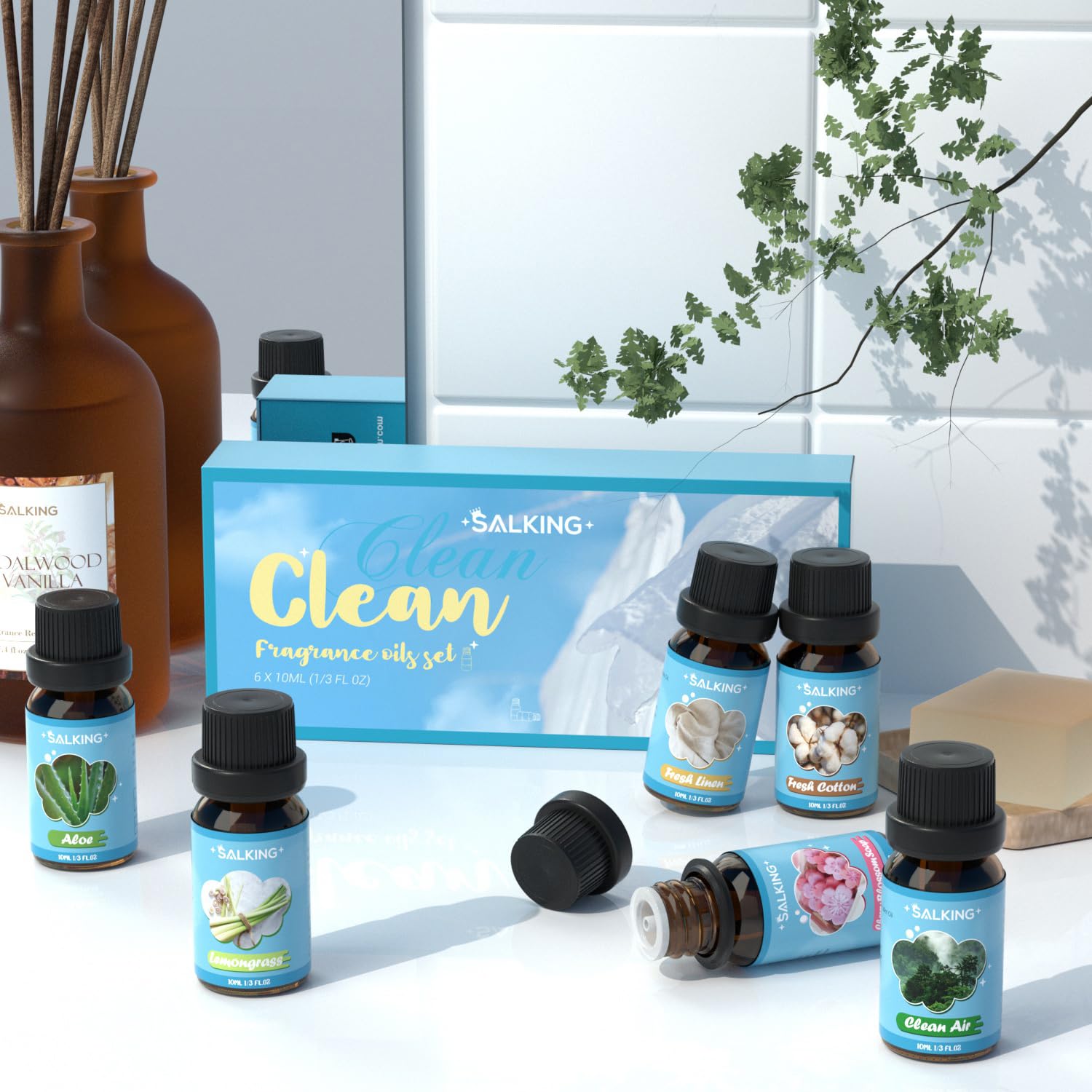 SALKING Clean Fragrance Oils Gift Set - Diffuser, Soap & Candle Making - Lemongrass, Cotton, Linen, Cherry Blossom, Clean Air, Aloe - Damaged Box - BBE 03/2029