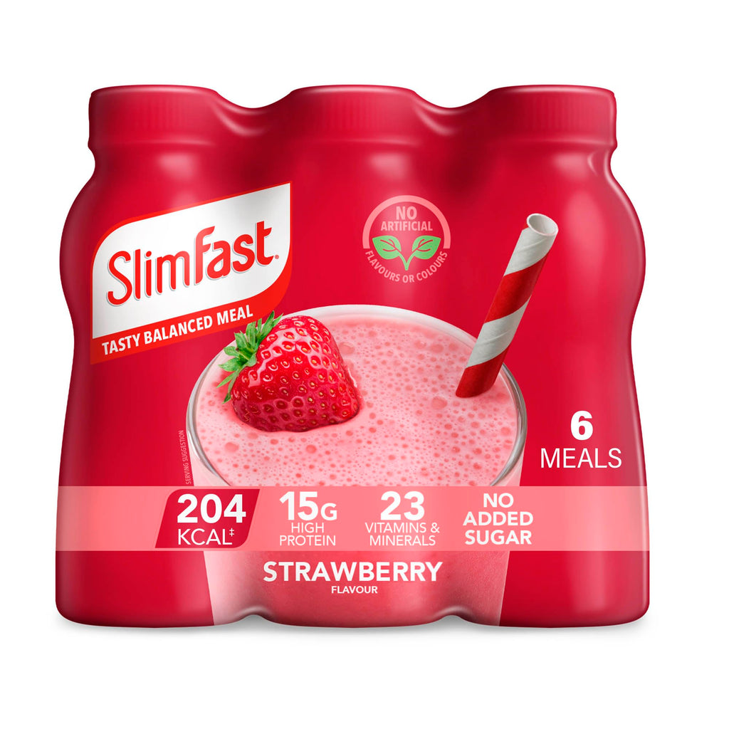 SlimFast Strawberry Meal Replacement Shake 6 x 325ml Bottles - 204 Cals, 15g Protein, 23 Vitamins & Minerals, No Added Sugar - Damaged Box - BBE 12/2026