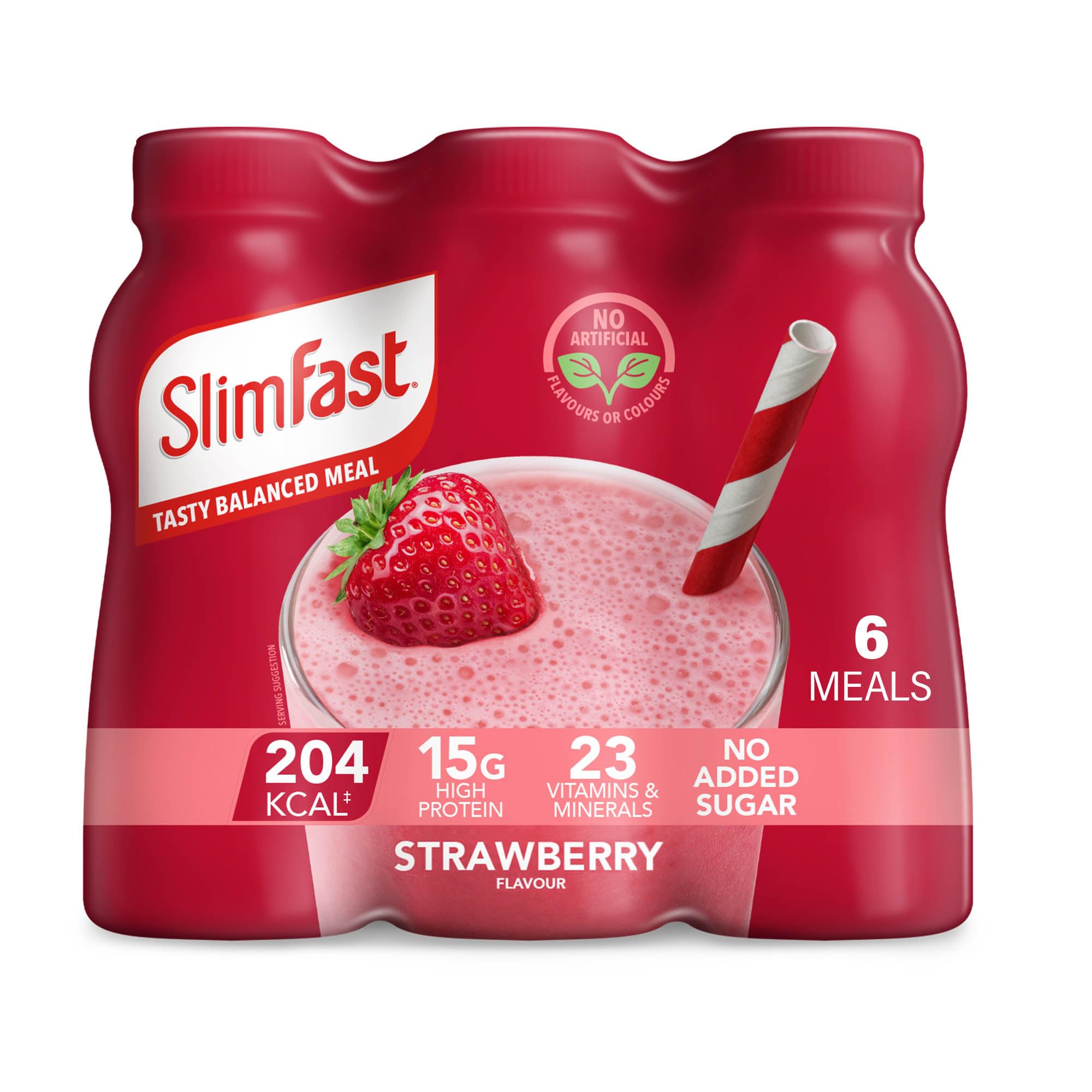 SlimFast Strawberry Meal Replacement Shake 6 x 325ml Bottles - 204 Cals, 15g Protein, 23 Vitamins & Minerals, No Added Sugar - Damaged Box - BBE 12/2026