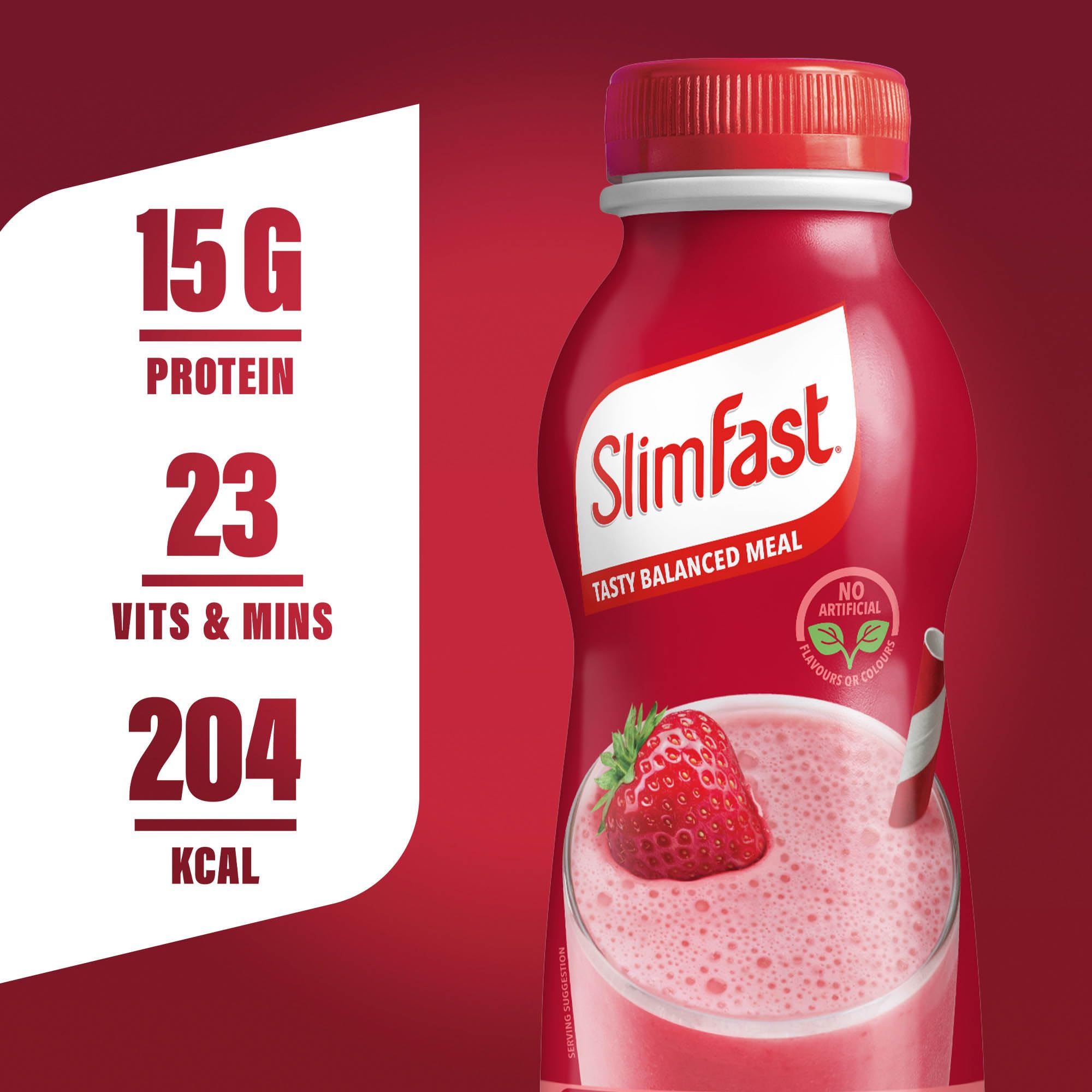 SlimFast Strawberry Meal Replacement Shake 6 x 325ml Bottles - 204 Cals, 15g Protein, 23 Vitamins & Minerals, No Added Sugar - Damaged Box - BBE 12/2026