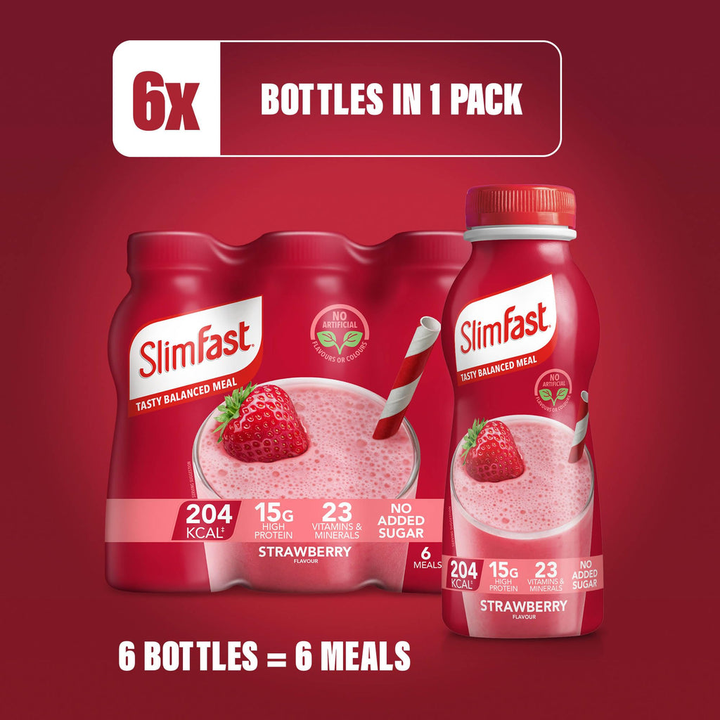 SlimFast Strawberry Meal Replacement Shake 6 x 325ml Bottles - 204 Cals, 15g Protein, 23 Vitamins & Minerals, No Added Sugar - Damaged Box - BBE 12/2026