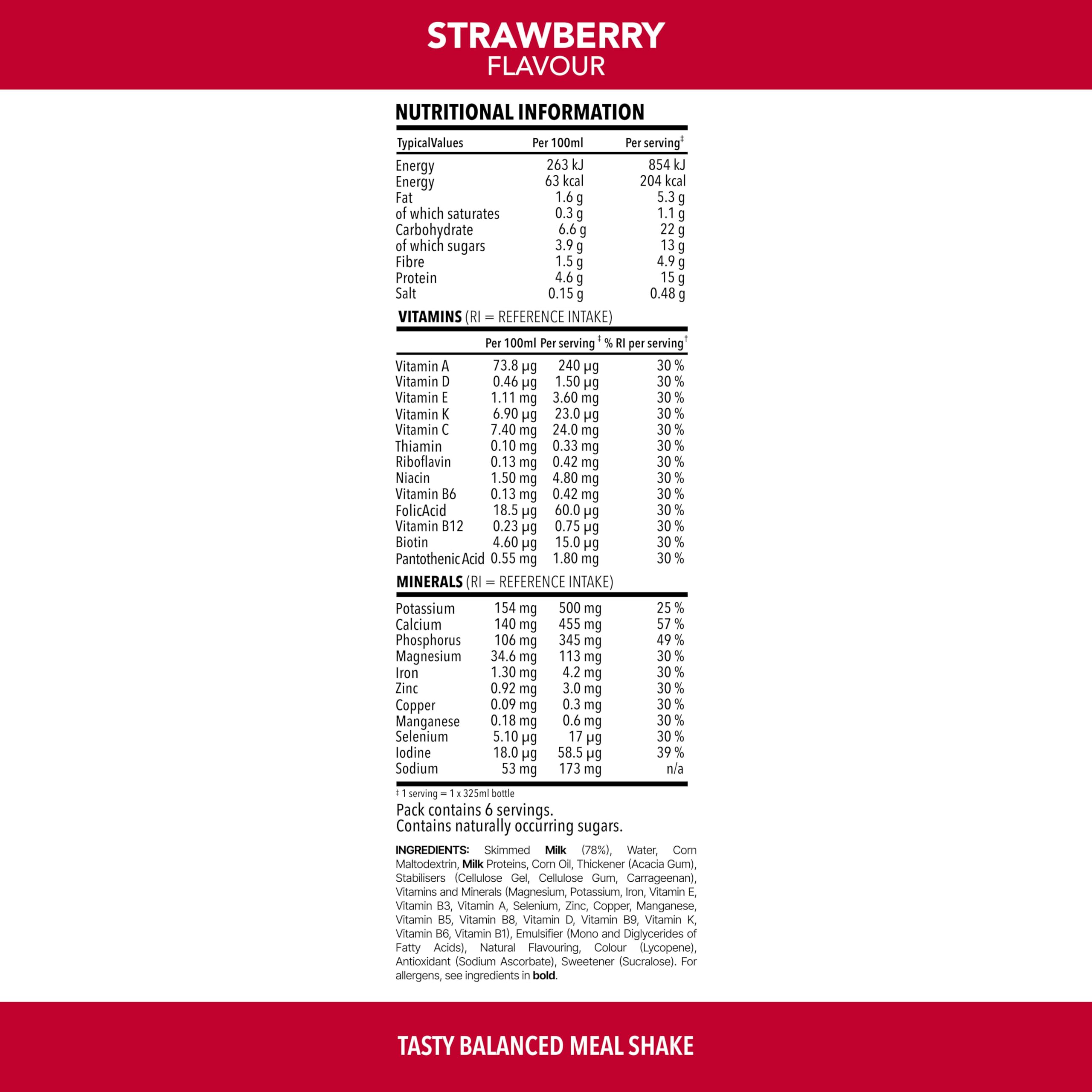 SlimFast Strawberry Meal Replacement Shake 6 x 325ml Bottles - 204 Cals, 15g Protein, 23 Vitamins & Minerals, No Added Sugar - Damaged Box - BBE 12/2026