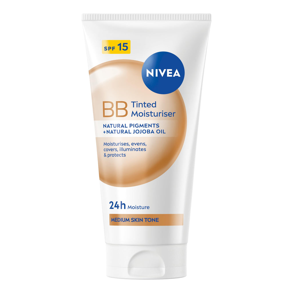 NIVEA BB Tinted Moisturiser SPF 15 Medium 50ml - 24H Hydrating BB Cream with Jojoba Oil for Even Skin Tone - Damaged Box