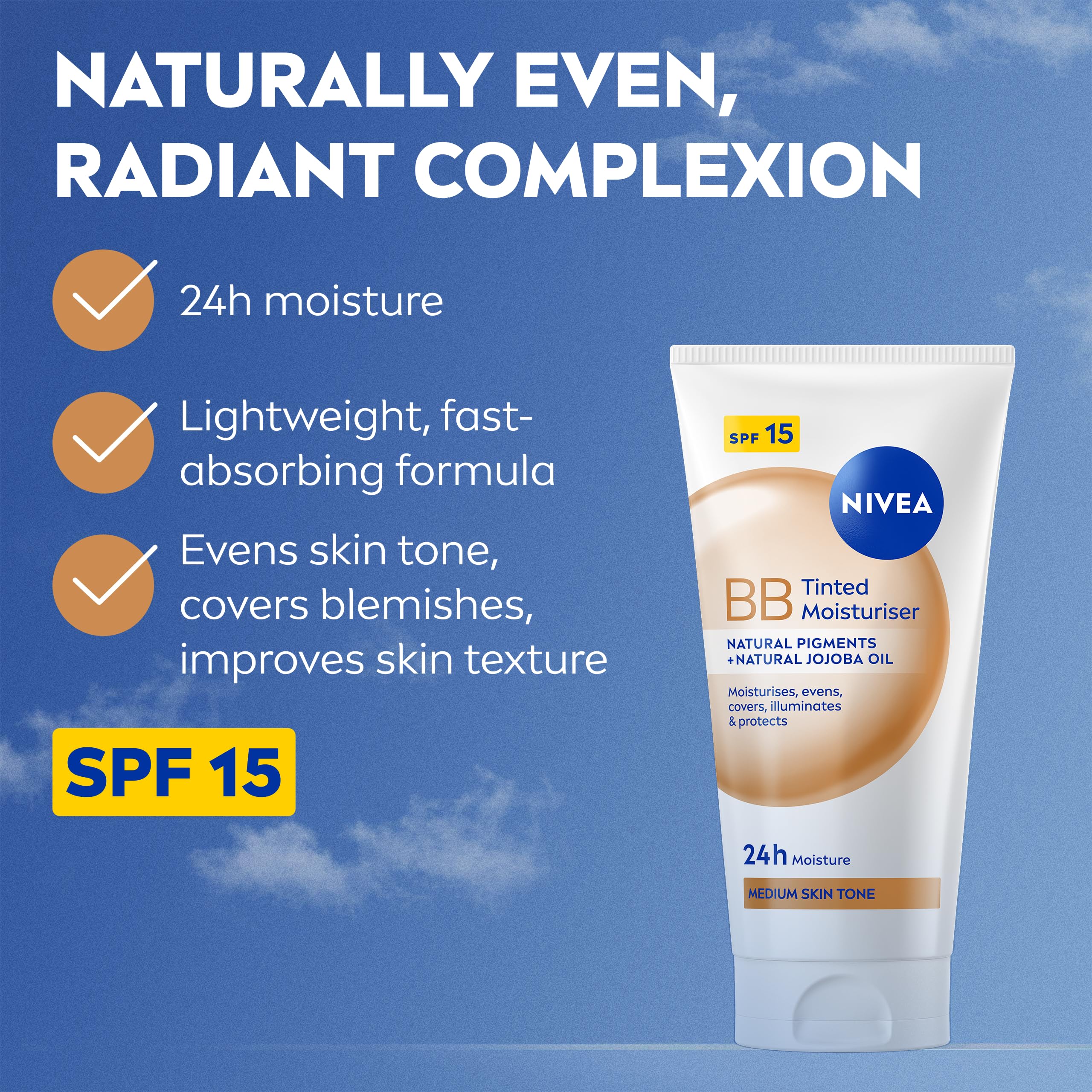 NIVEA BB Tinted Moisturiser SPF 15 Medium 50ml - 24H Hydrating BB Cream with Jojoba Oil for Even Skin Tone - Damaged Box