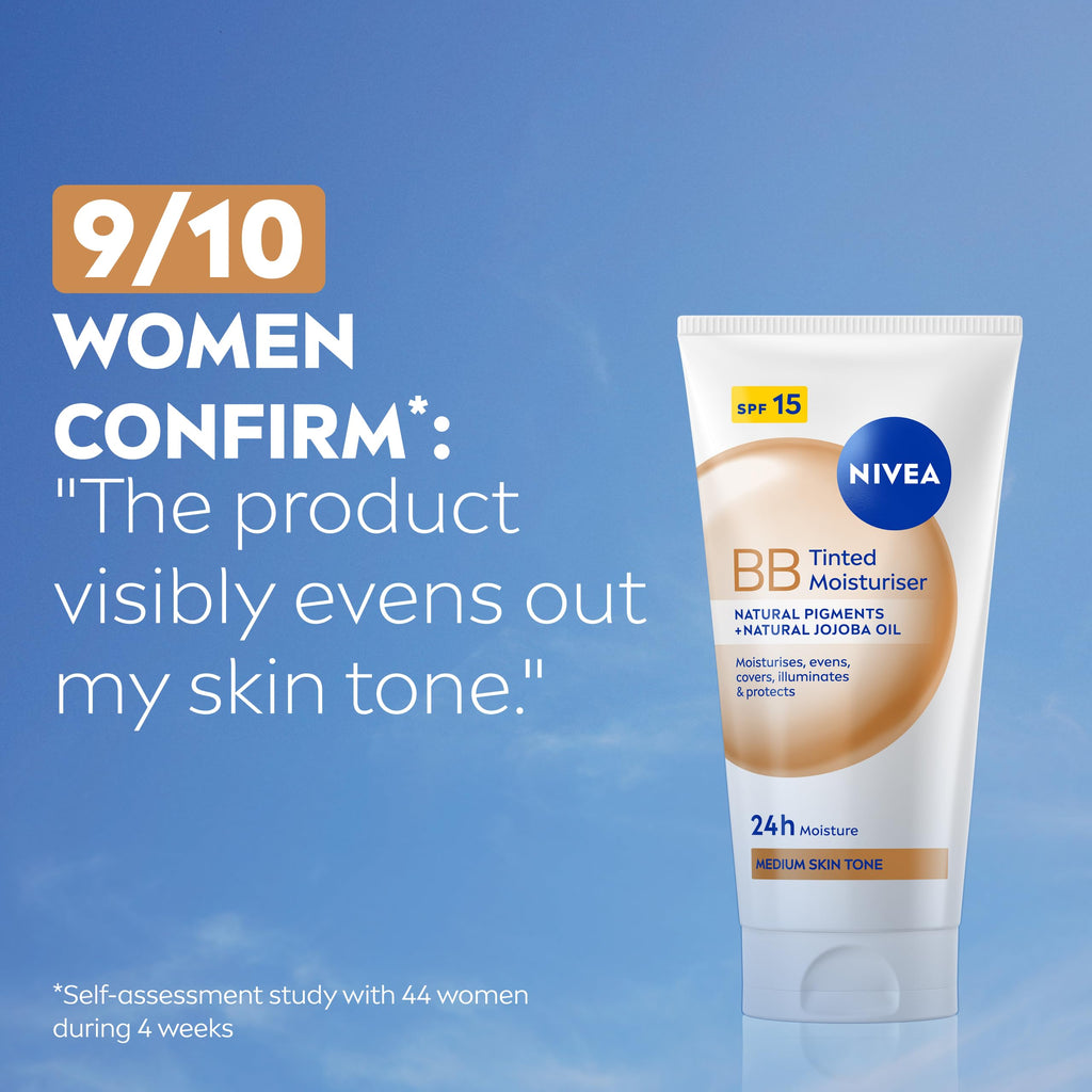 NIVEA BB Tinted Moisturiser SPF 15 Medium 50ml - 24H Hydrating BB Cream with Jojoba Oil for Even Skin Tone - Damaged Box