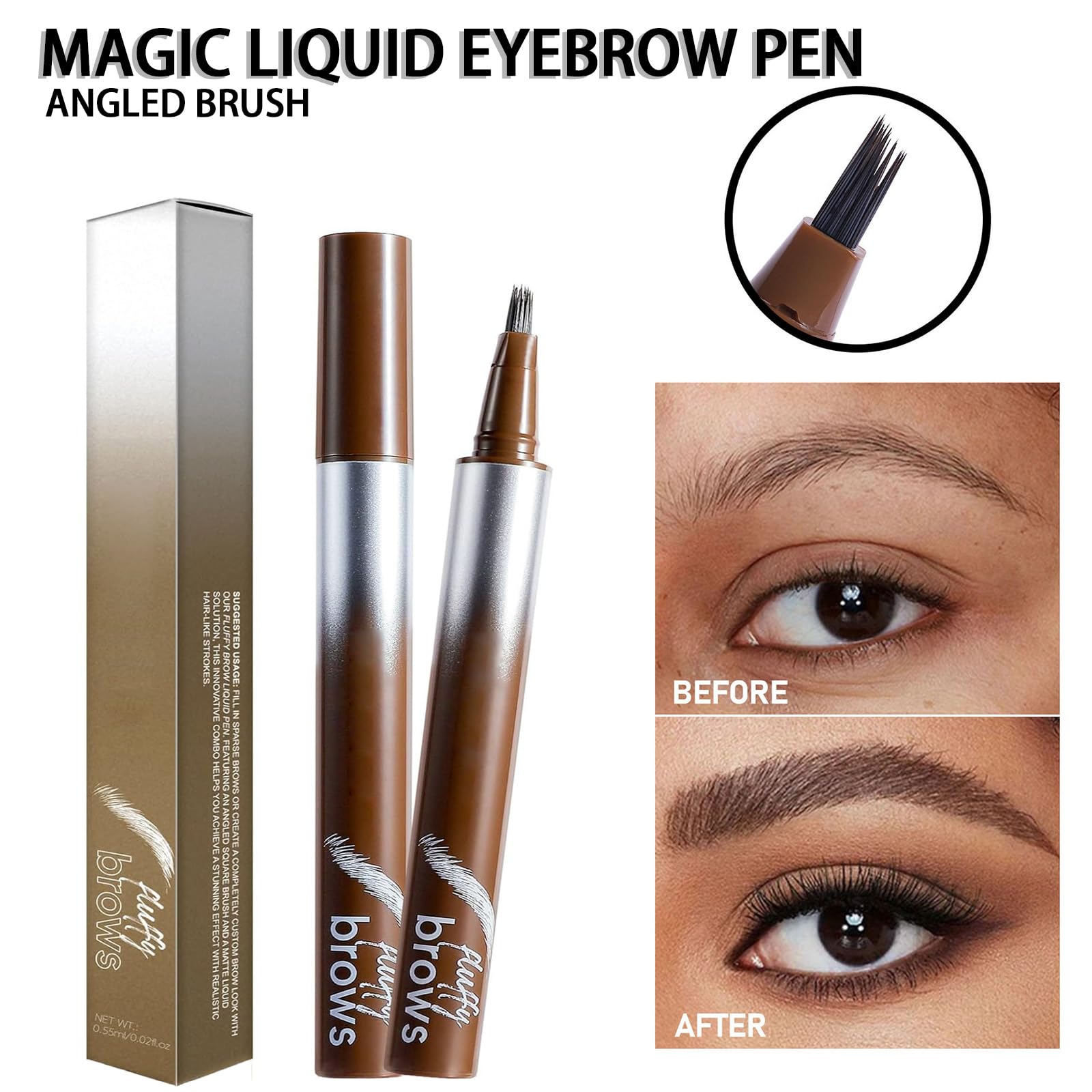 Magic Liquid Eyebrow Pen & Angled Brush Pencil - Waterproof, Long-Lasting, 03 Espresso for Natural Full Brows - Damaged Box