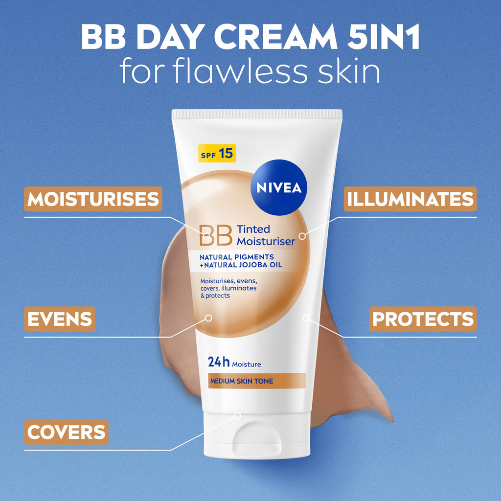 NIVEA BB Tinted Moisturiser SPF 15 Medium 50ml - 24H Hydrating BB Cream with Jojoba Oil for Even Skin Tone - Damaged Box