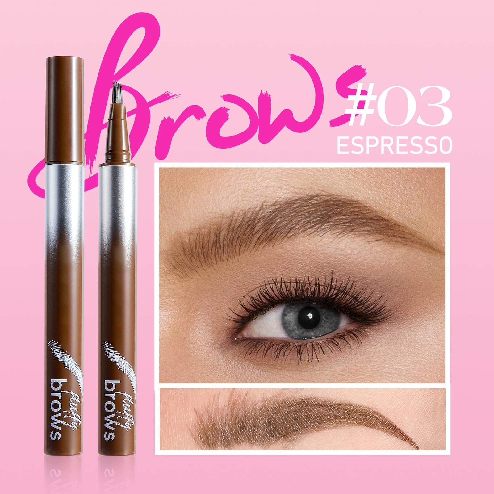 Magic Liquid Eyebrow Pen & Angled Brush Pencil - Waterproof, Long-Lasting, 03 Espresso for Natural Full Brows - Damaged Box