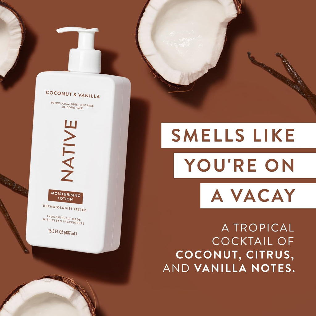 Native Body Lotion for Men & Women - Silicone & Dye Free - Coconut & Vanilla Scented Hand Lotion + Body Moisturizer for Dry Skin - Naturally Derived with Shea Butter & Glycerine (487ml)