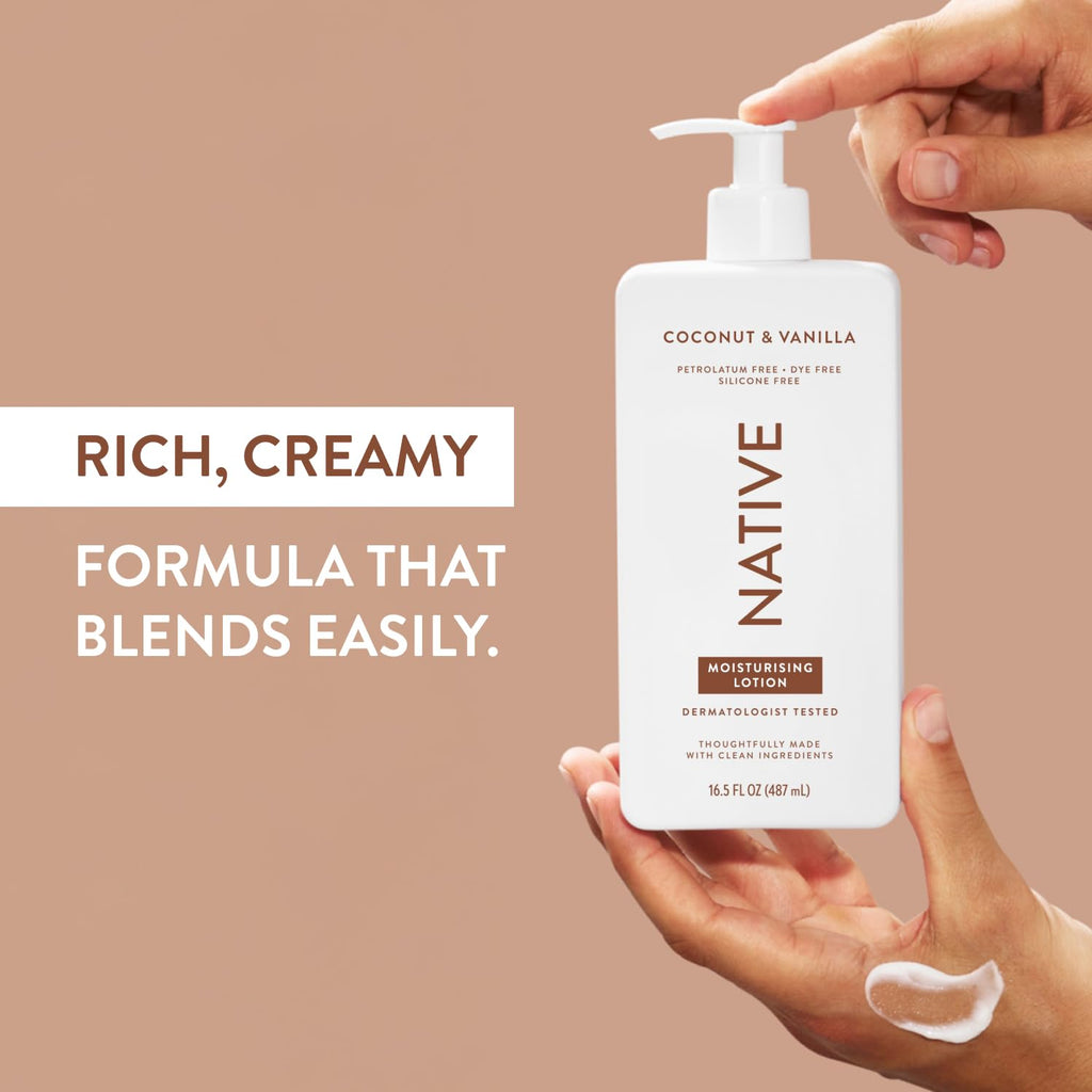 Native Body Lotion for Men & Women - Silicone & Dye Free - Coconut & Vanilla Scented Hand Lotion + Body Moisturizer for Dry Skin - Naturally Derived with Shea Butter & Glycerine (487ml)