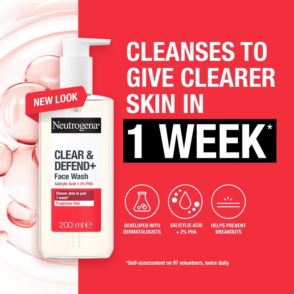 Neutrogena Clear & Defend+ Face Wash 200ml - Salicylic Acid, AHA/PHA - Purifying Facial Cleanser for Acne-Prone Skin