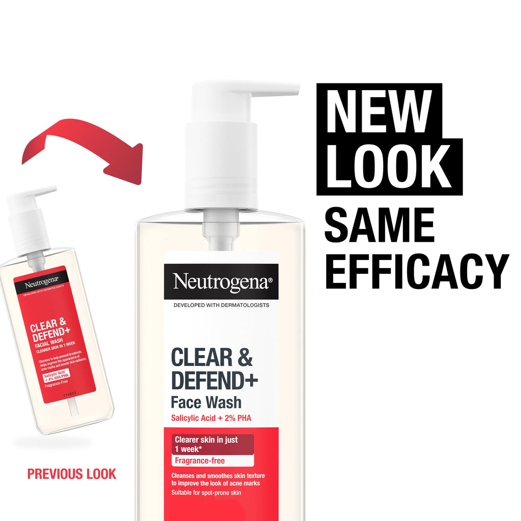 Neutrogena Clear & Defend+ Face Wash 200ml - Salicylic Acid, AHA/PHA - Purifying Facial Cleanser for Acne-Prone Skin