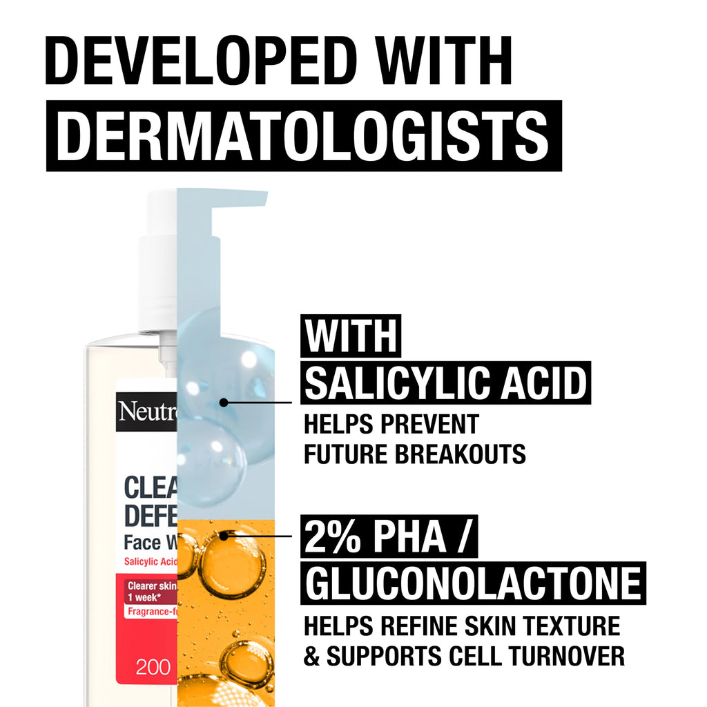 Neutrogena Clear & Defend+ Face Wash 200ml - Salicylic Acid, AHA/PHA - Purifying Facial Cleanser for Acne-Prone Skin