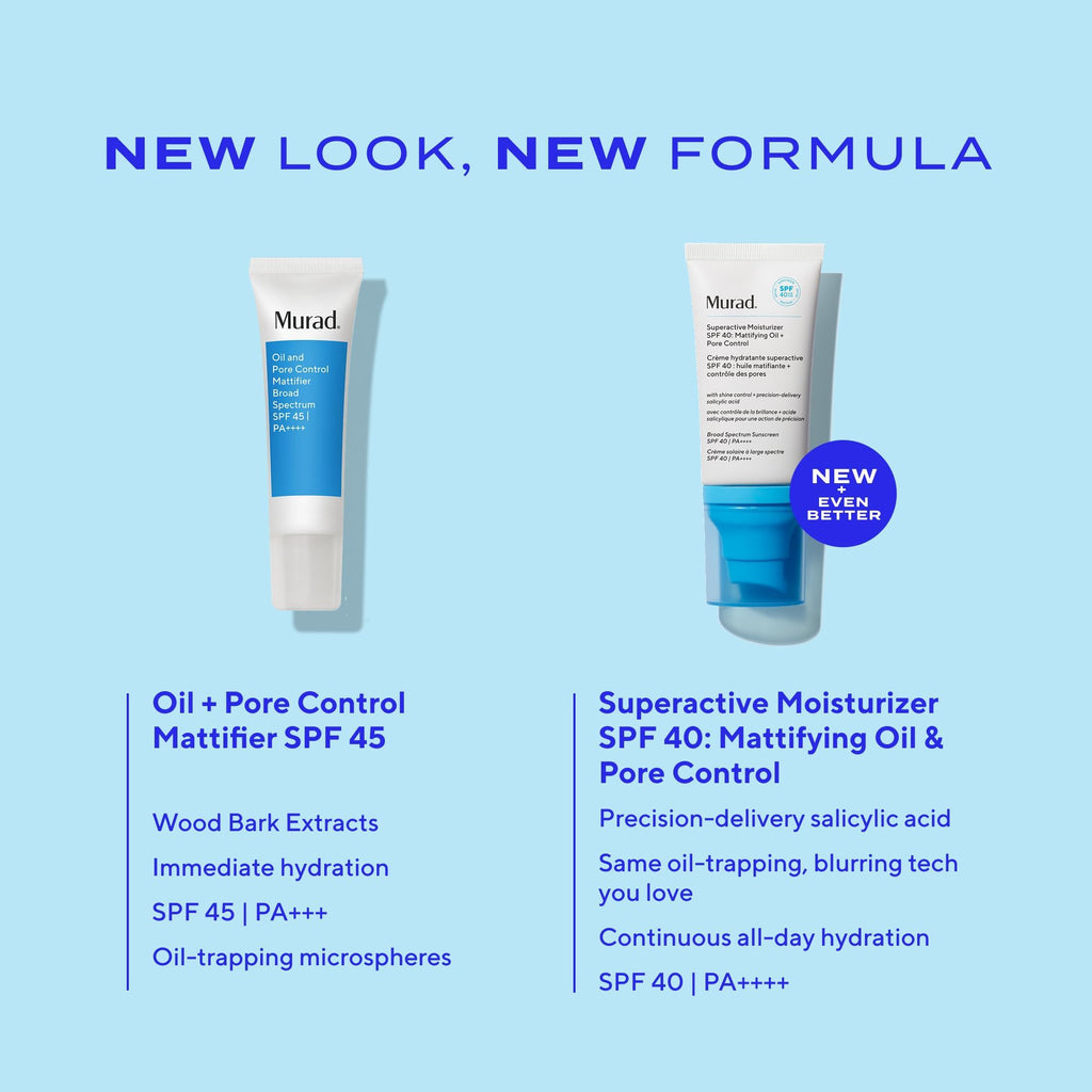 Murad Superactive Mattifying Oil and Pore Control Moisturiser SPF 40, Shine Free Hydrating Facial Sunscreen Supercharged with Salicylic Acid To Smooth Texture and Minimise Look of Pores, 50ml - Damaged Box