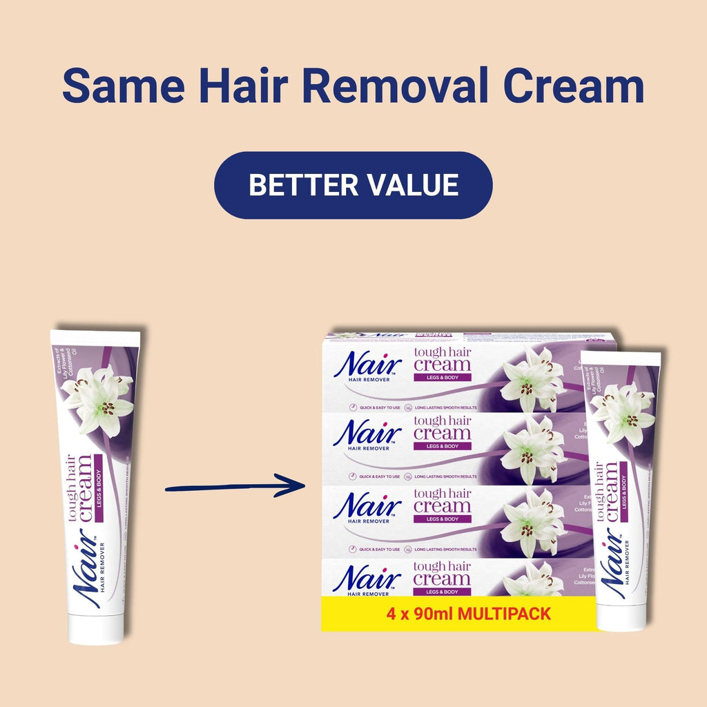 Nair Tough Hair Removal Cream - Coarse & Dark Hair - Legs & Body - Lily Flower & Cotton Seed - 4 x 90ml Multipack - Damaged Box