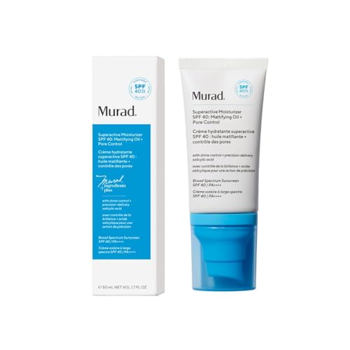 Murad Superactive Mattifying Oil and Pore Control Moisturiser SPF 40, Shine Free Hydrating Facial Sunscreen Supercharged with Salicylic Acid To Smooth Texture and Minimise Look of Pores, 50ml - Damaged Box